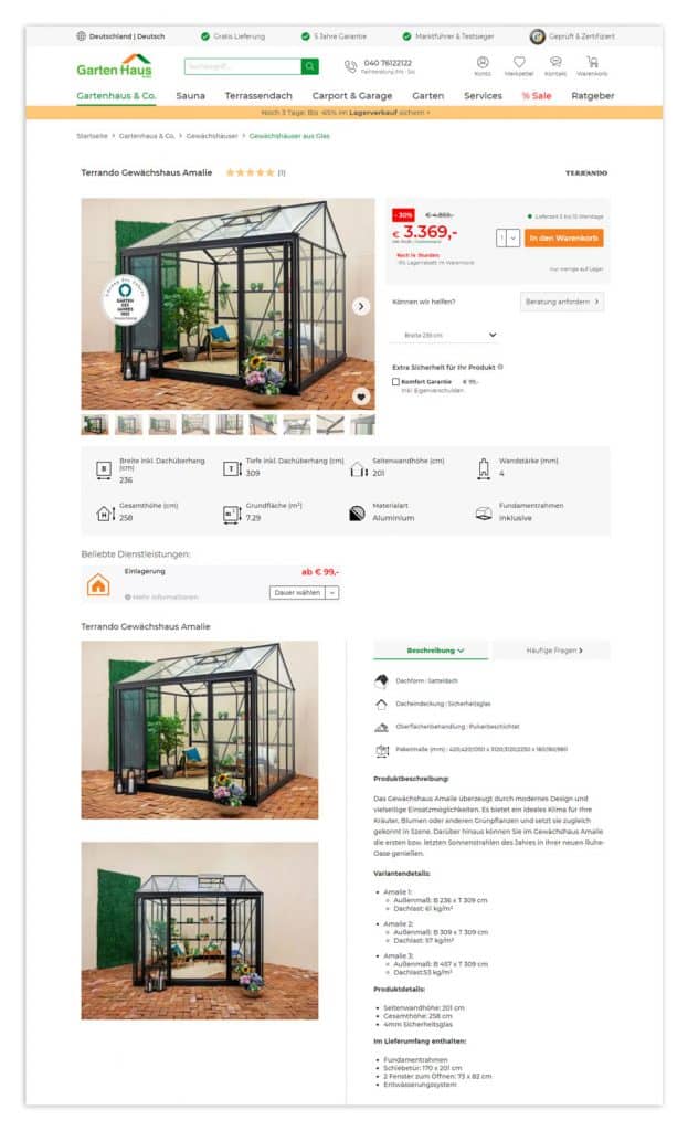 Auf dem Screenshot ist eine Produktdetailseite im Online Shop der Gartenhaus GmbH zu sehen. Der darauf platzierte Content wie die Produktbeschreibung stellt einen wichtigen Hebel für die Conversion Rate dar.