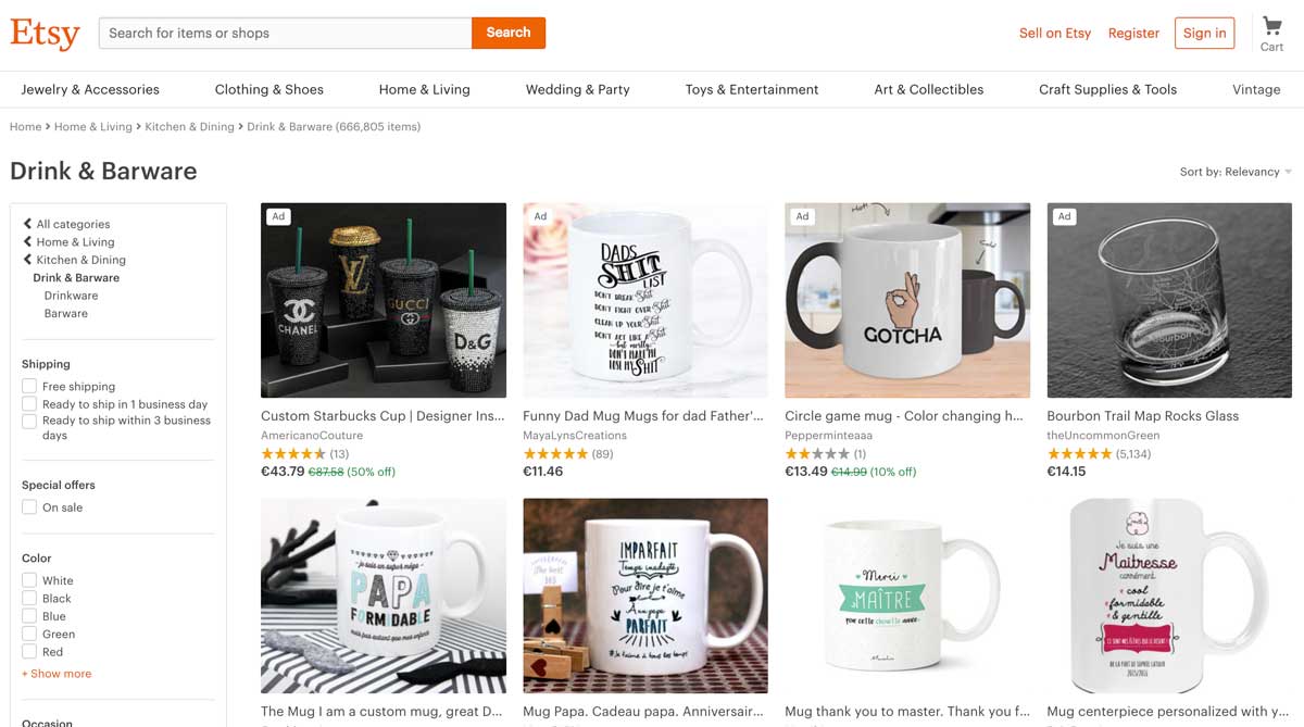 Product listing page example for e-commerce website